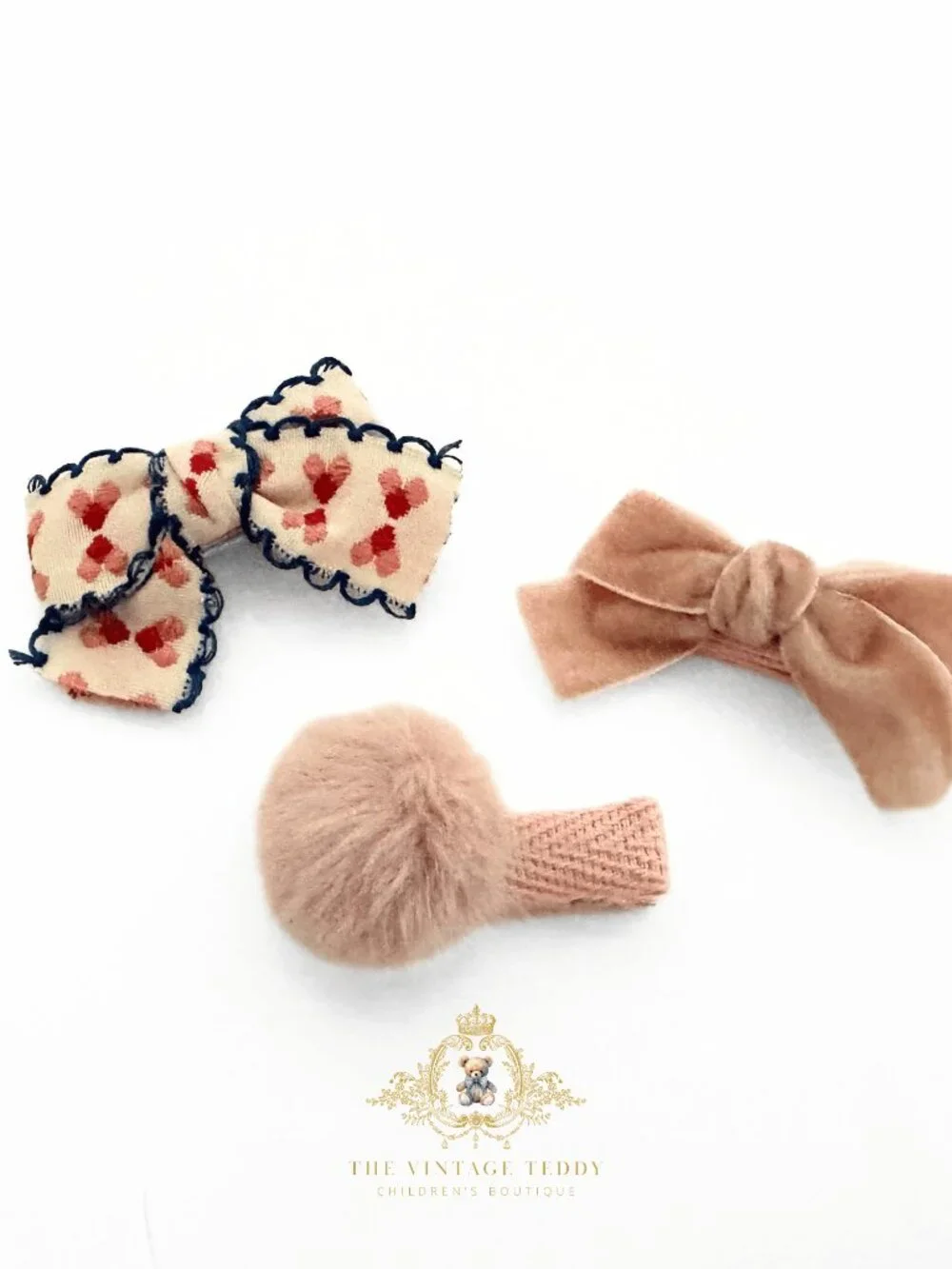 NWT Pretty Girls Hair Bows Hair Clips Kids Accessories Set of 3 Ribbons Pom Pink